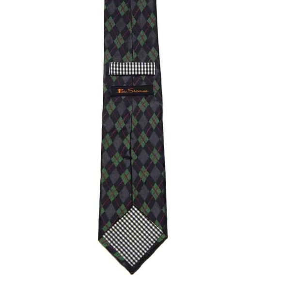 Ben Sherman Silk Tie Handmade Green Gray Black Red Diamond Pattern Narrow - Picture 2 of 2